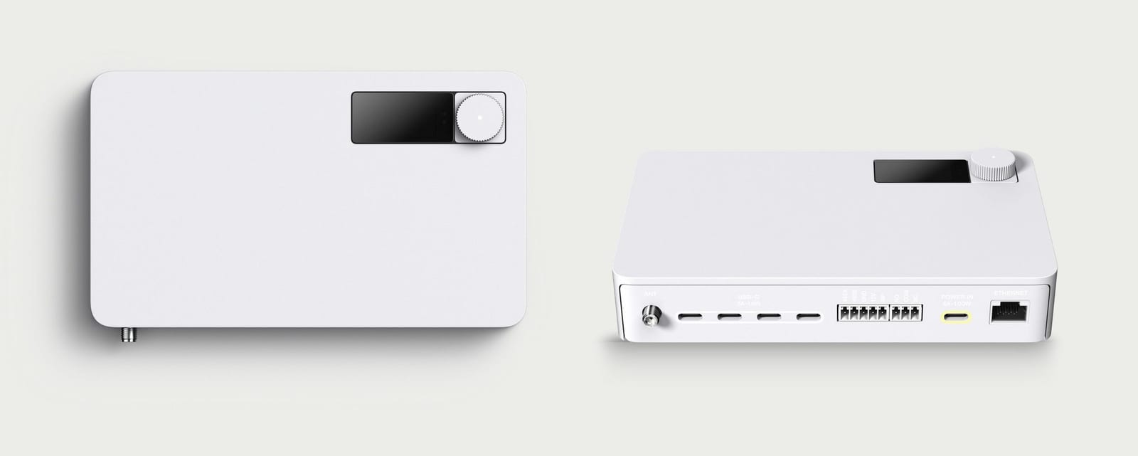 The Simple Things hub twice over: the face with its status display, and the back with its connector row