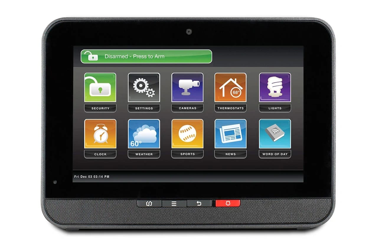 The Technicolor TCA203, the final uControl-lineage touchscreen, running the platform's home screen: security state on top, the app grid below