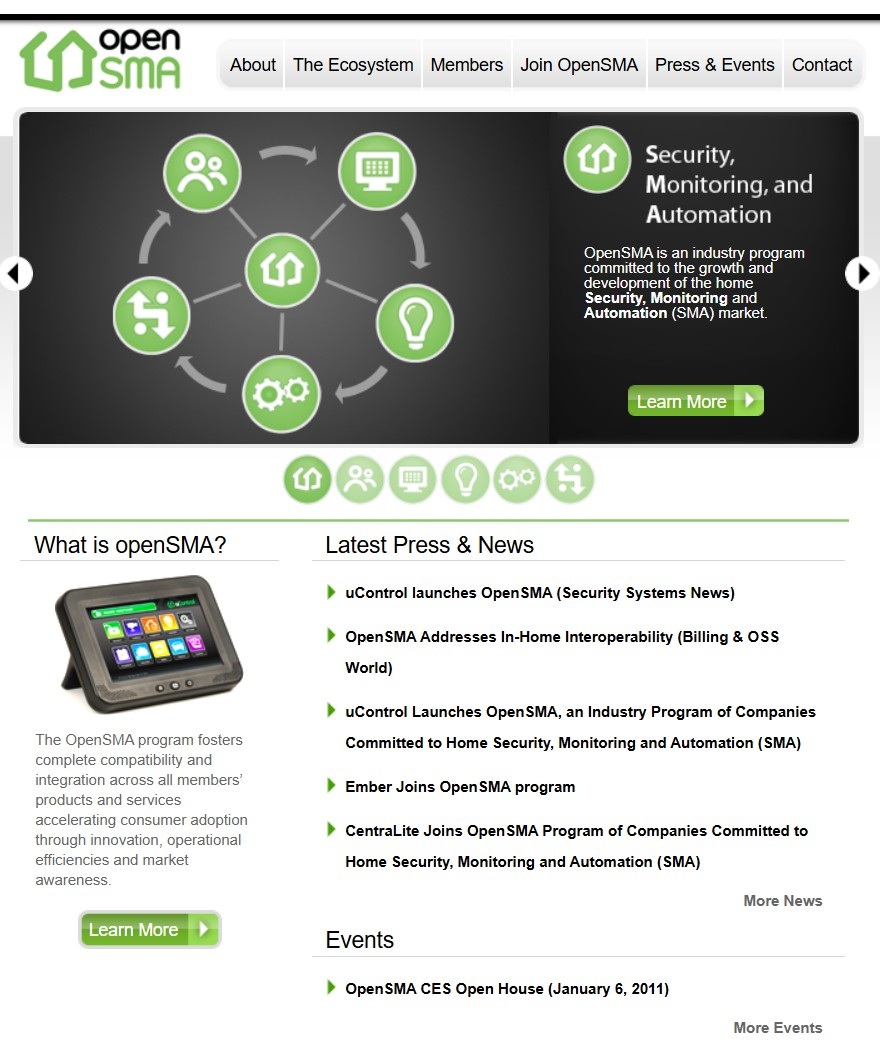 The openSMA program site as captured by the Internet Archive: the ecosystem diagram, the SMA Touchscreen, and press announcing uControl's launch of the program