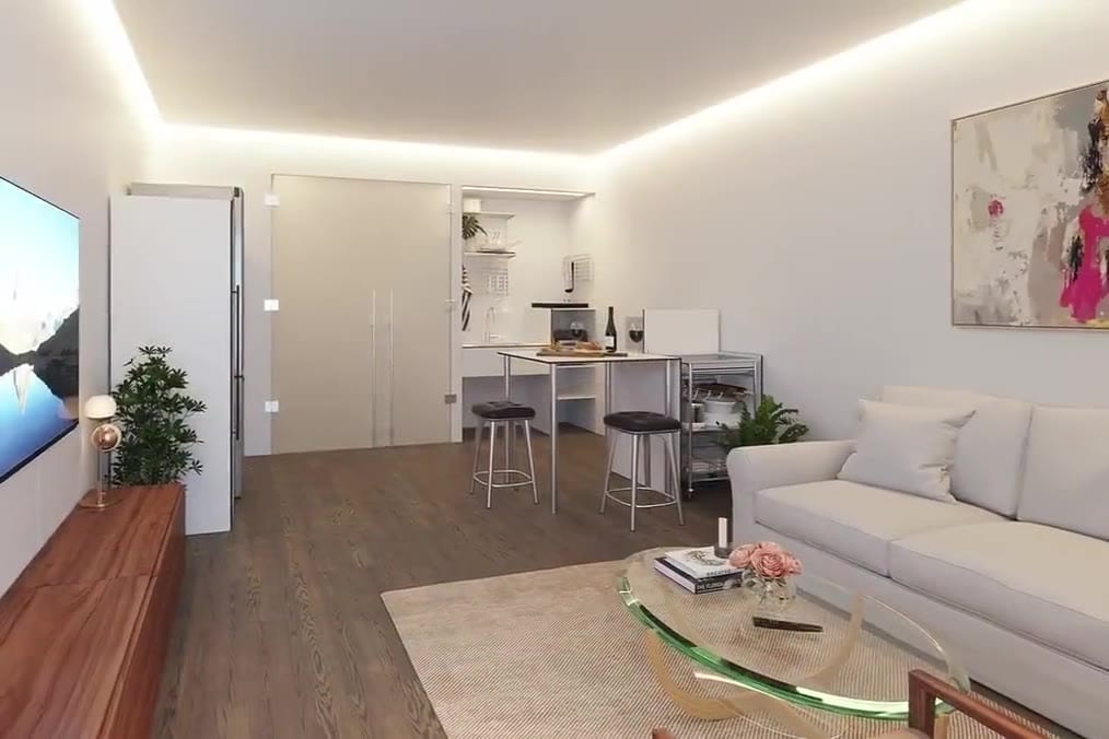 A slow glide through a Vessel apartment living room toward the kitchen nook